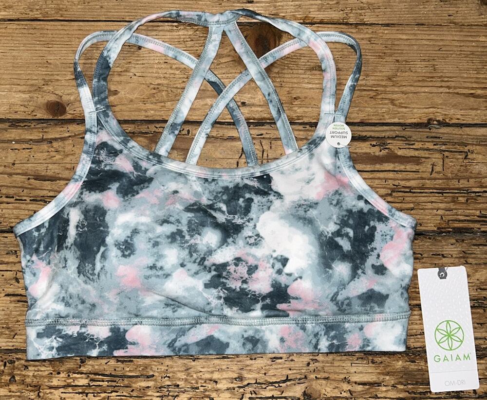 GAIAM Women Sz M Blue Pink Tye Dye Crossover Padded Sports Bra NWT
